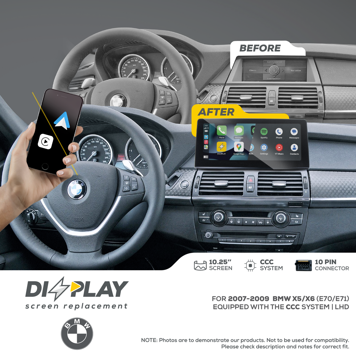 ZZ2 DZZ-CCC-X5-X6-E70-E71-10-LHD, 10,25" skjerm med CarPlay, BMW X5/X6 E70/E71 med CCC-system, venstrestyrt