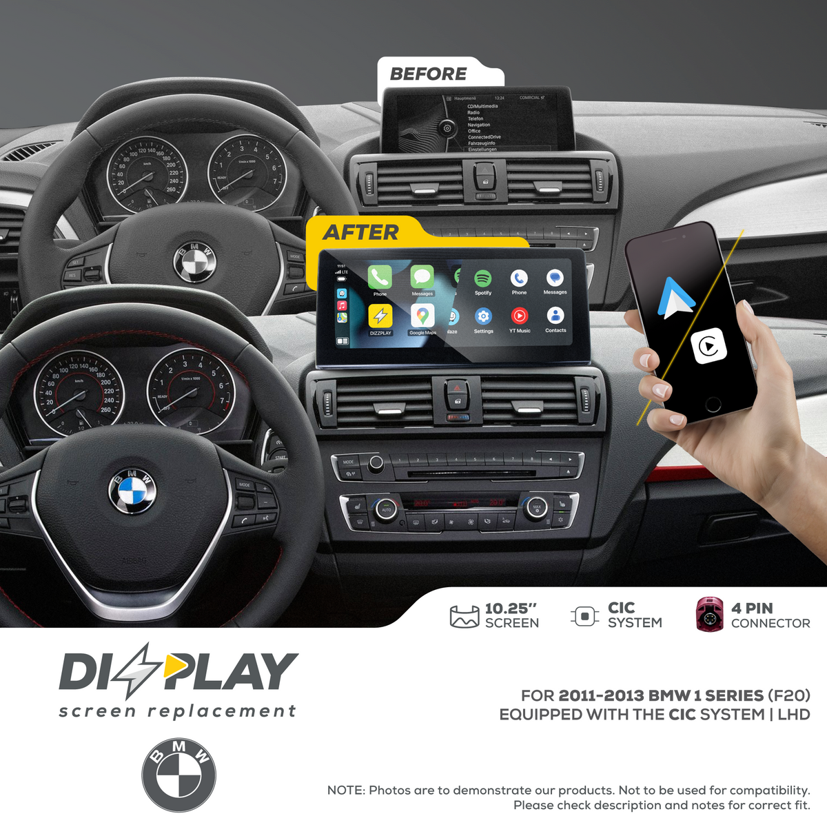 ZZ2 DZZ-CIC-1S-F20-10-LHD, 10,25" skjerm med trådløs CarPlay, BMW 1-serie F20 2011-2013 med CIC-system, venstrestyrt