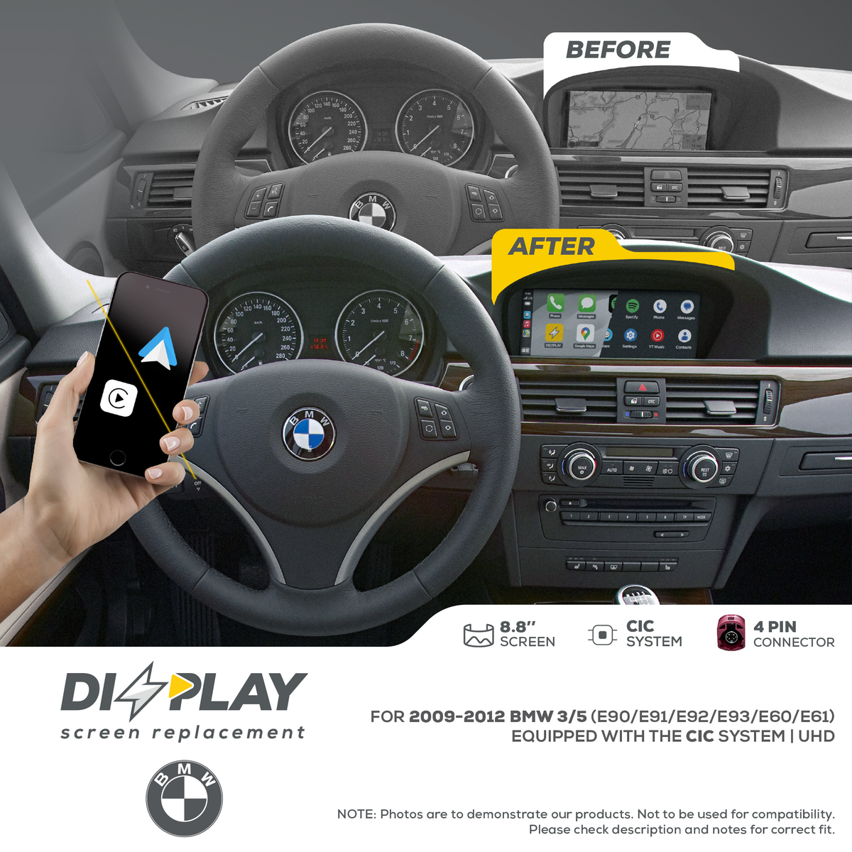ZZ2 DZZ-CIC-3S-5S-8-UHD, 8,8" skjerm med trådløs CarPlay, BMW 3-serie E9x og 5-serie E60/E61 med CIC-system