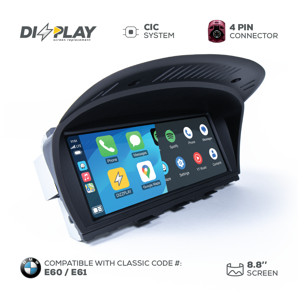 ZZ2 DZZ-CIC-3S-5S-8-UHD, 8,8" skjerm med trådløs CarPlay, BMW 3-serie E9x og 5-serie E60/E61 med CIC-system (bilde 3)