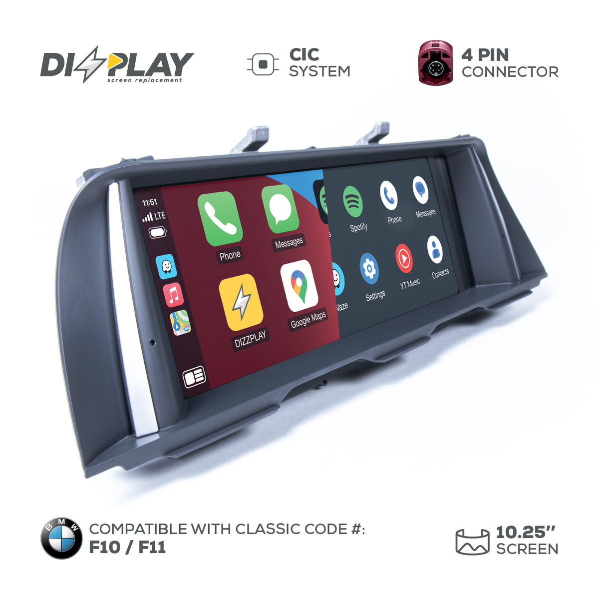 ZZ2 DZZ-CIC-5S-F10-F11-10-UHD, 10,25" skjerm med trådløs CarPlay og Android Auto, BMW 5-serie F10/F11 med CIC-system (bilde 2)