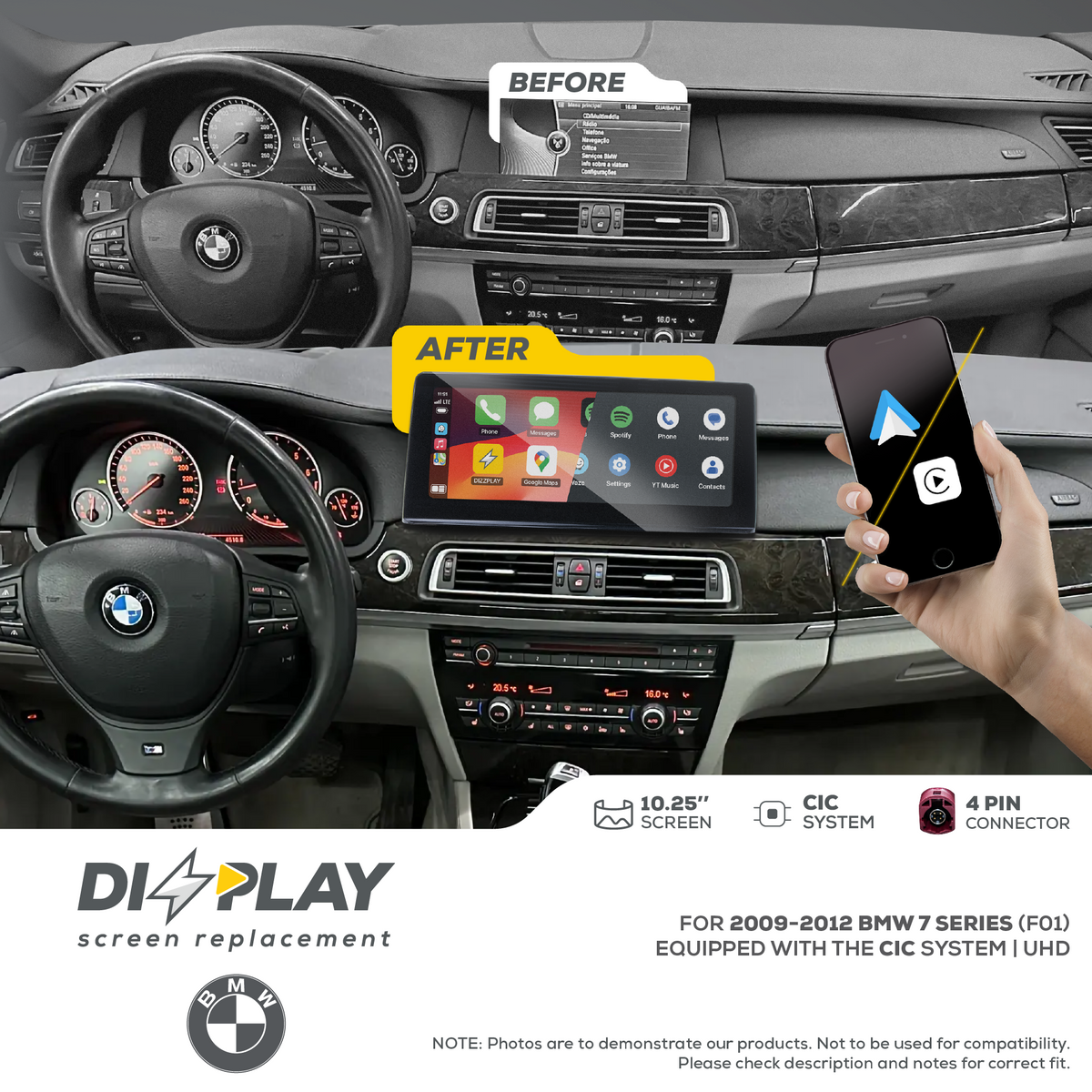 ZZ2 DZZ-CIC-7S-F01-10-UHD, 10,25" skjerm med trådløs CarPlay, BMW 7-serie F01 med CIC-system, 10,25" skjerm