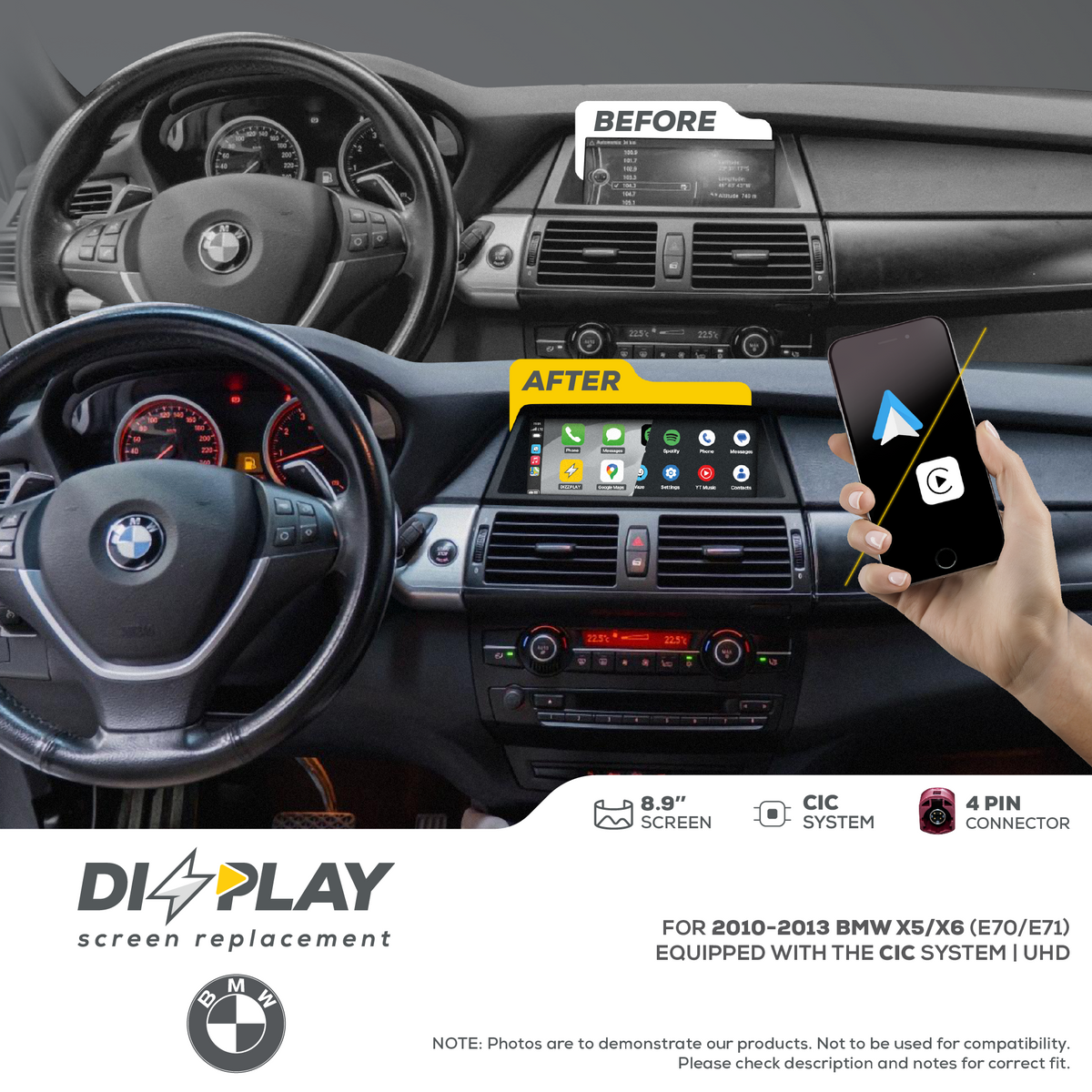 ZZ2 DZZ-CIC-X5-X6-E70-E71-8-UHD, 8,8" skjerm med CarPlay, BMW X5 og X6 (E70/E71) med CIC-system