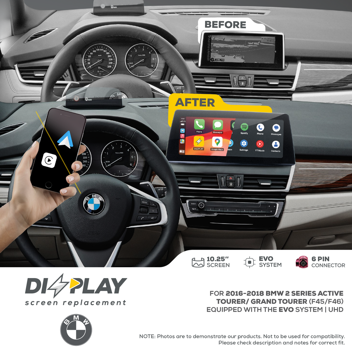ZZ2 DZZ-EVO-2ST-F45-F46-10-UHD, 10,25" skjerm med CarPlay, BMW 2-serie Active/Gran Tourer (F45/F46) med EVO