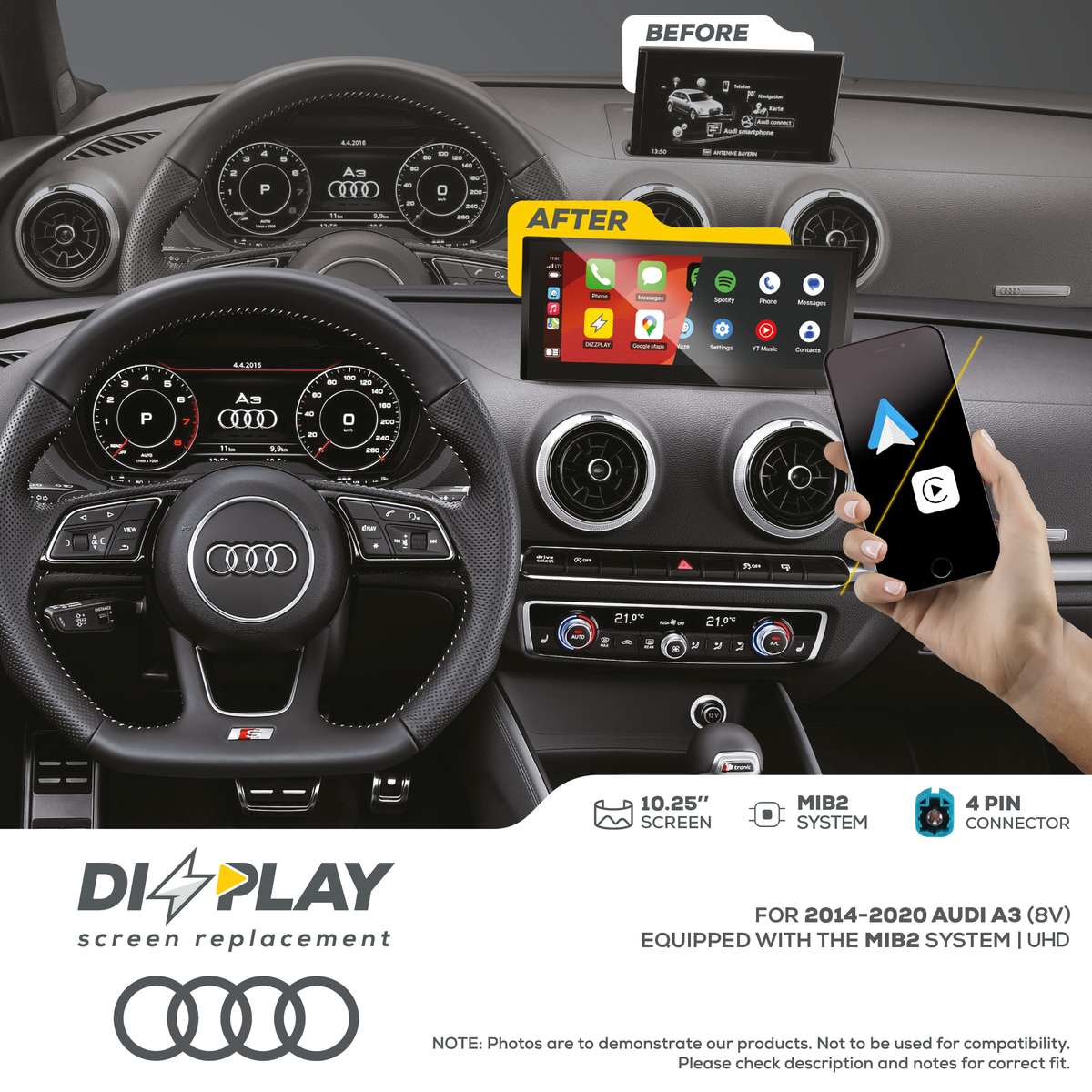 ZZ2 DZZ-MIB2-A3-8V-10-UHD, 10,25" skjerm med trådløs CarPlay, Audi A3 (8V) med MIB2-system, 10,25" skjerm