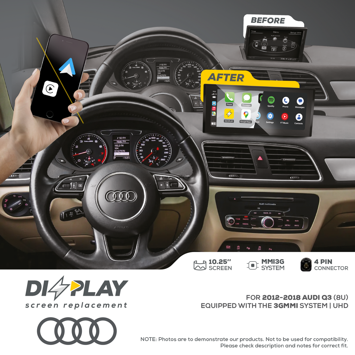 ZZ2 DZZ-MMI3G-Q3-8U-10-UHD, 10,25" skjerm med trådløs CarPlay og Android Auto, Audi Q3 (8U) 2012-2018 med MMI 3G, 10,25" skjerm