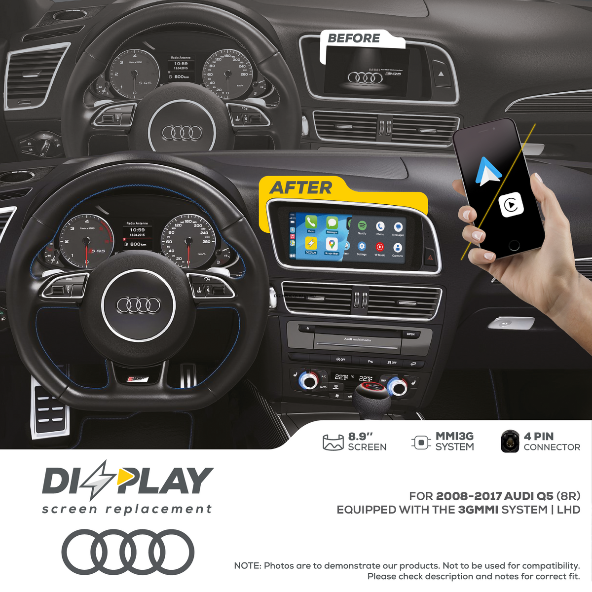 ZZ2 DZZ-MMI3G-Q5-8R-8-LHD, 8,9" CarPlay/Android Auto-skjerm, Audi Q5/SQ5 (8R) 2009-2017 med MMI 3G, venstrestyrt
