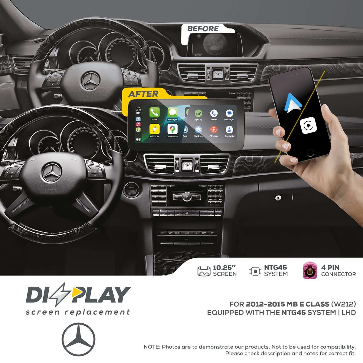 ZZ2 DZZ-NTG45-E-W212-10-LHD, 10,25" skjerm med trådløs CarPlay, Mercedes E-klasse W212 2012-2015 med NTG 4.5, LHD
