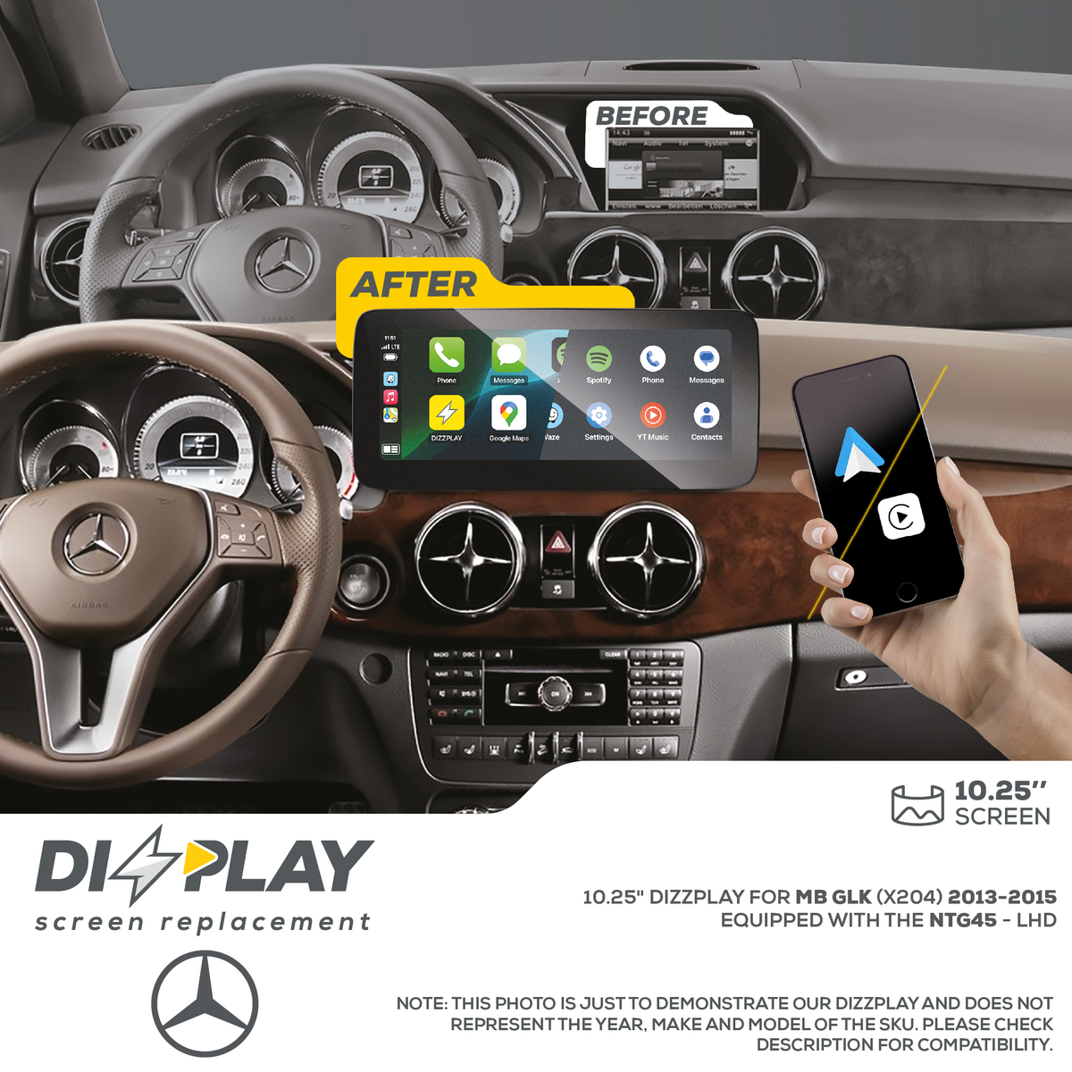 ZZ2 DZZ-NTG45-GLK-X204-10-LHD, 10,25" skjerm med CarPlay, Mercedes GLK (X204) 2013-2015 med NTG 4.5, LHD
