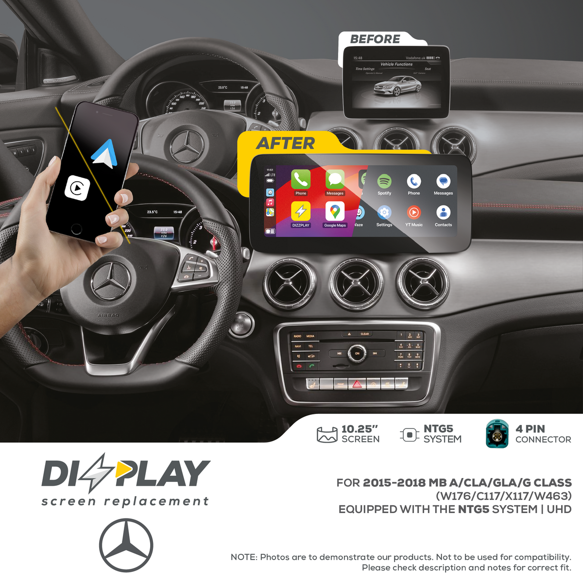 ZZ2 DZZ-NTG5-A-CLA-GLA-G-10-UHD, 10,25" skjerm med CarPlay, Mercedes A/CLA/GLA/G-klasse med NTG5, 10,25" skjerm