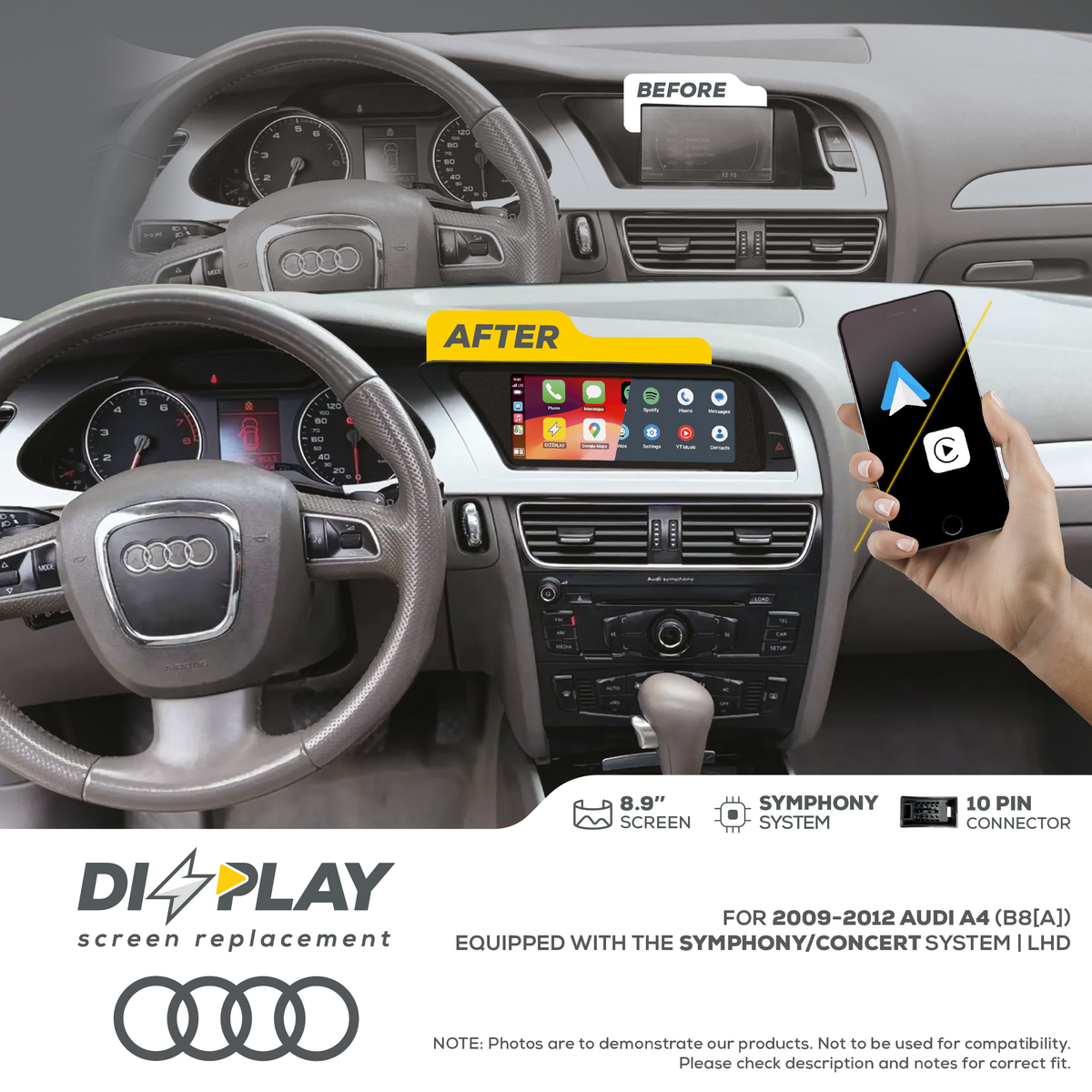 ZZ2 DZZ-SYM-A4-B8A-8-LHD, 8,9" skjerm med trådløs CarPlay, Audi A4/S4 B8 før facelift, Symphony/Concert, LHD